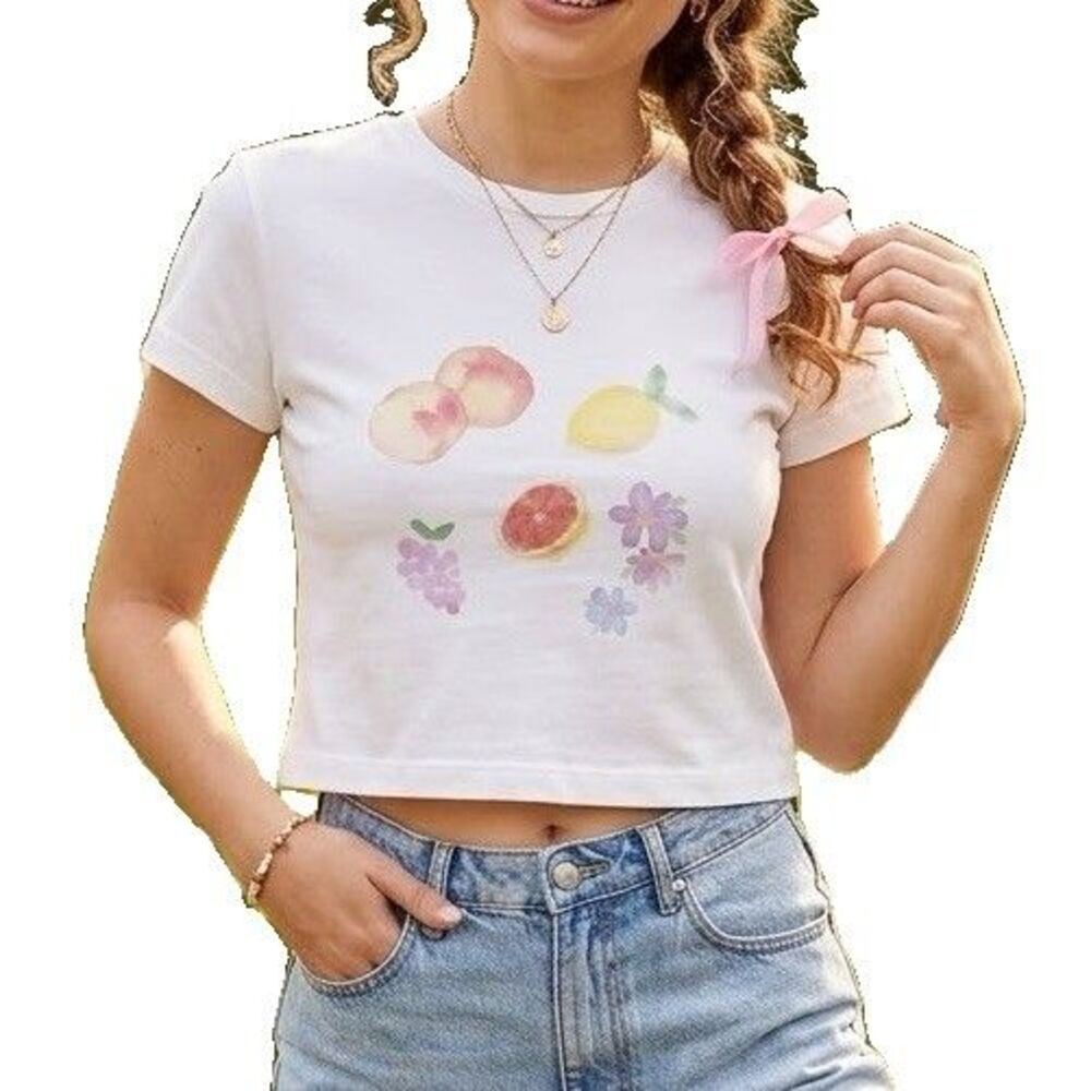 Princess Polly White Cropped Tshirt Size 4 Cute Fruits Flowers Short Sleeves